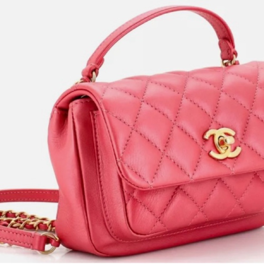 CHANEL Front Pocket Top Handle Flap Bag Quilted Calfskin Mini Pink - Picture 13 of 15
